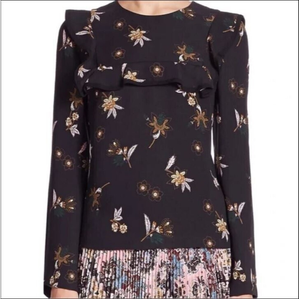 ALC Analeigh Blouse 2 Black Silk Floral Long Sleeve Ruffle Top